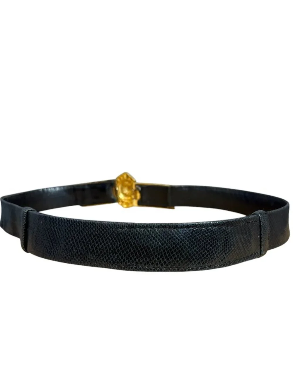 Judith Leiber Venetian Style Belt Black Snakeskin Gold Tone Metal Double Buckle
